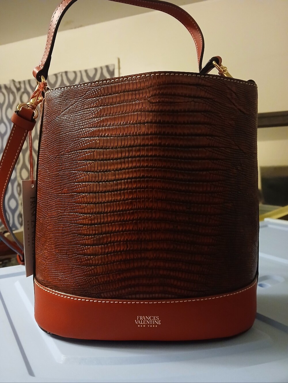 Frances Valentine Dark Red Croc-Embossed Leather Bucket Bag